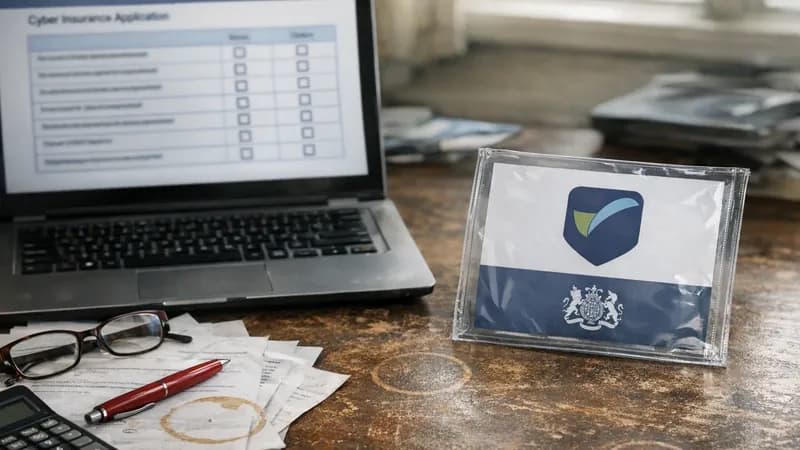 Business desk with laptop showing insurance application form and Cyber Essentials certificate, representing the connection between certification and cyber insurance coverage