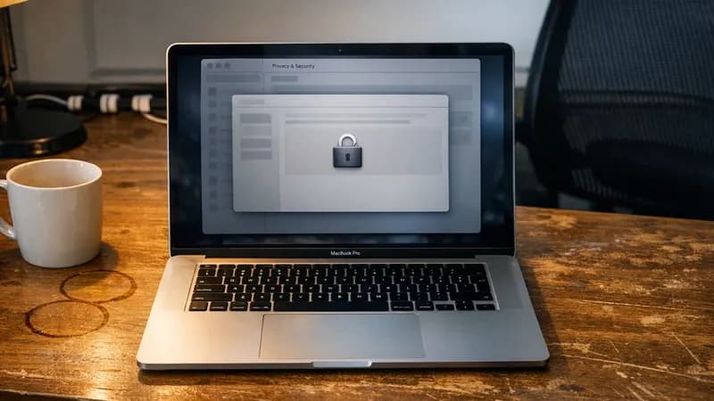 MacBook displaying macOS System Settings Privacy & Security panel on office desk showing FileVault encryption configuration interface