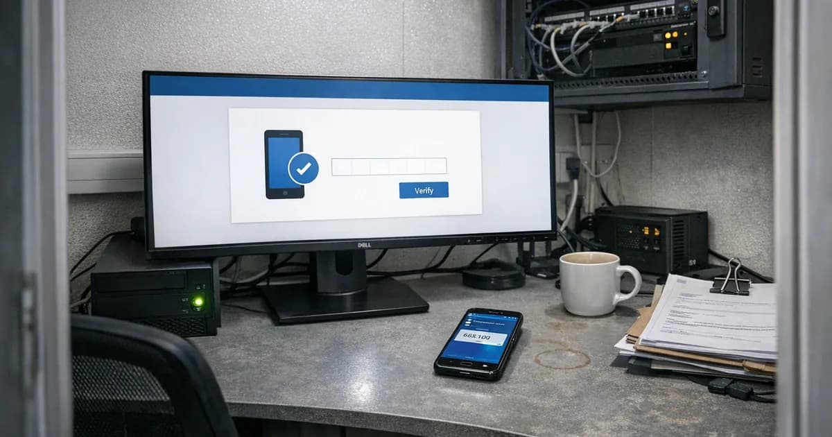 Computer monitor showing Office 365 MFA login prompt next to smartphone displaying Microsoft Authenticator app in small business IT office