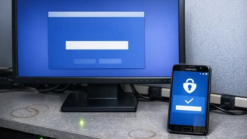 Computer monitor showing Office 365 MFA login prompt next to smartphone displaying Microsoft Authenticator app in small business IT office