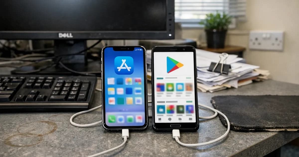 iPhone and Android phone on office desk showing App Store and Google Play Store interfaces for mobile device application control