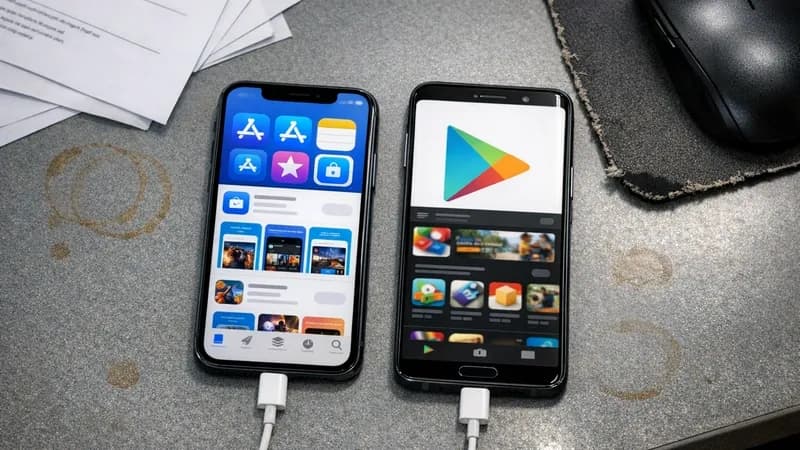 iPhone and Android phone on office desk showing App Store and Google Play Store interfaces for mobile device application control