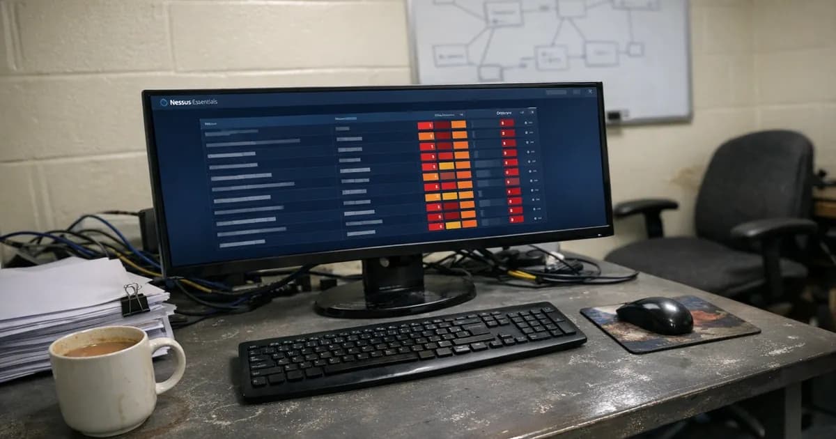 A computer monitor displaying vulnerability scanner results on an IT manager's desk, showing scan preparation for Cyber Essentials Plus assessment
