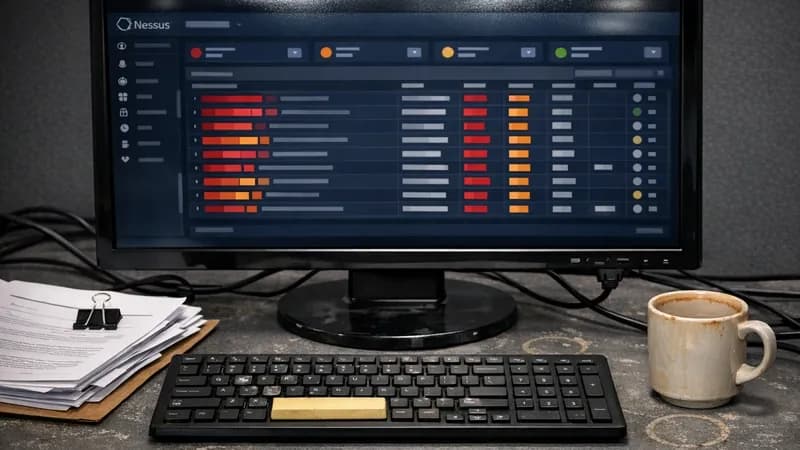 A computer monitor displaying vulnerability scanner results on an IT manager's desk, showing scan preparation for Cyber Essentials Plus assessment