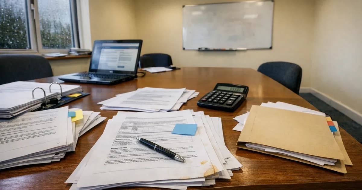 Business meeting table with printed tender documents, calculator, and government procurement paperwork spread across the surface
