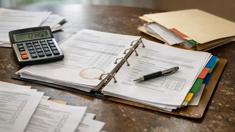 Business meeting table with printed tender documents, calculator, and government procurement paperwork spread across the surface