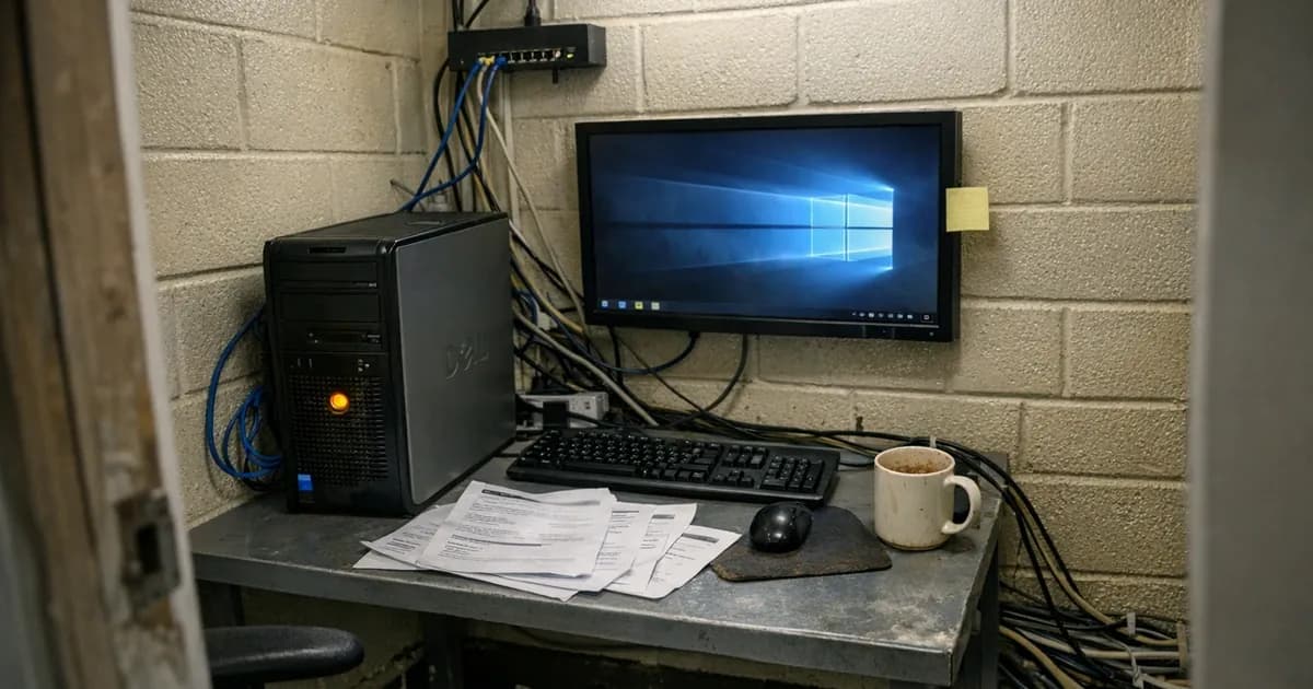 Windows 10 desktop displayed on monitor in cramped UK business IT office with aging Dell computer tower showing amber power LED