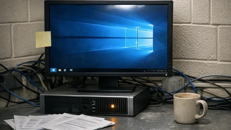 Windows 10 desktop displayed on monitor in cramped UK business IT office with aging Dell computer tower showing amber power LED