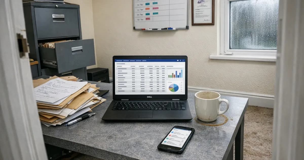 Financial advisor's home office desk with laptop displaying client portfolio management software, surrounded by paper client files and filing cabinet