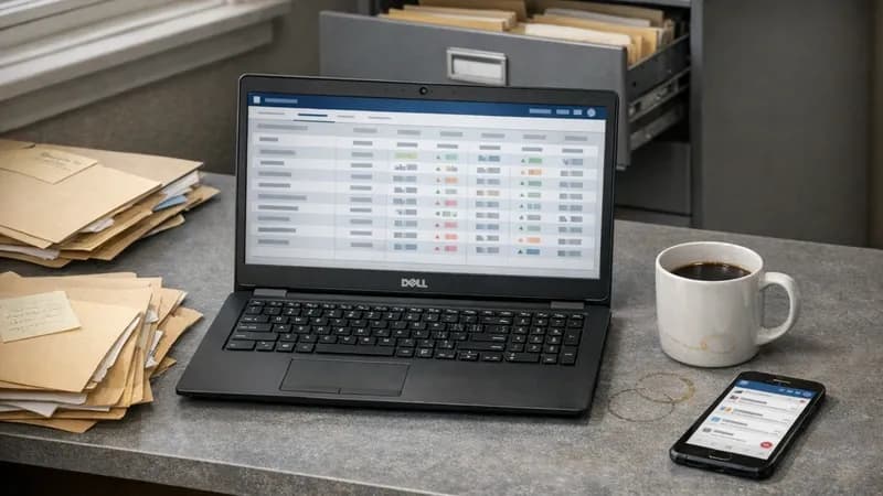 Financial advisor's home office desk with laptop displaying client portfolio management software, surrounded by paper client files and filing cabinet