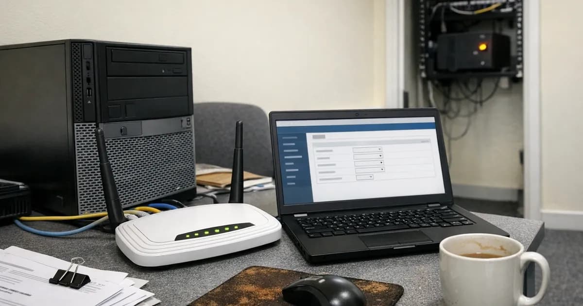 Small business office desk with consumer wireless router and laptop displaying router admin interface, showing typical SME firewall setup