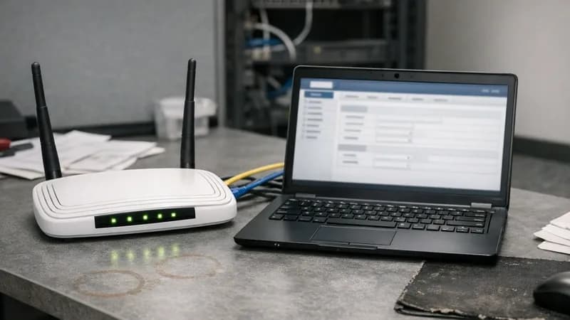 Small business office desk with consumer wireless router and laptop displaying router admin interface, showing typical SME firewall setup
