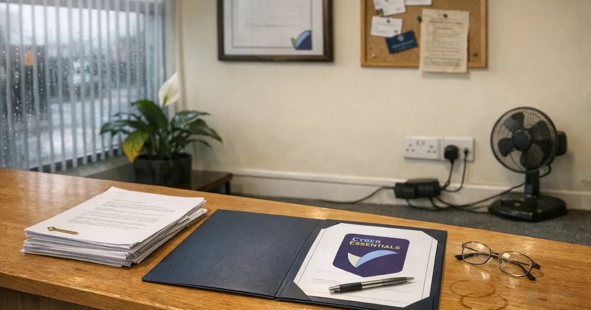 Insurance policy documents and an open Cyber Essentials certificate folder on a small UK business reception counter, with a framed certificate on the wall behind