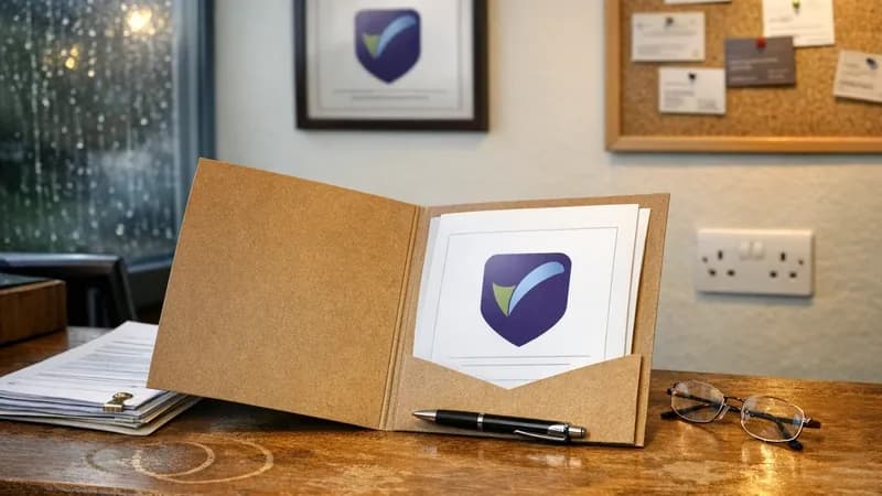 Insurance policy documents and an open Cyber Essentials certificate folder on a small UK business reception counter, with a framed certificate on the wall behind