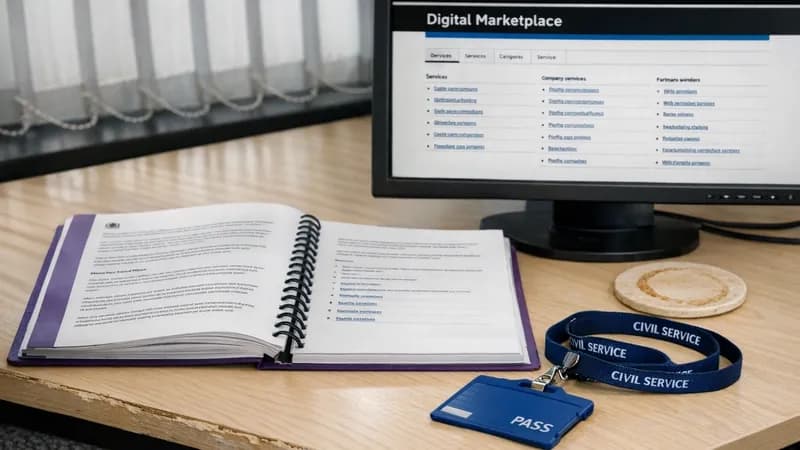 UK government procurement office desk with spiral-bound Crown Commercial Service framework tender documents and the Digital Marketplace website displayed on a monitor