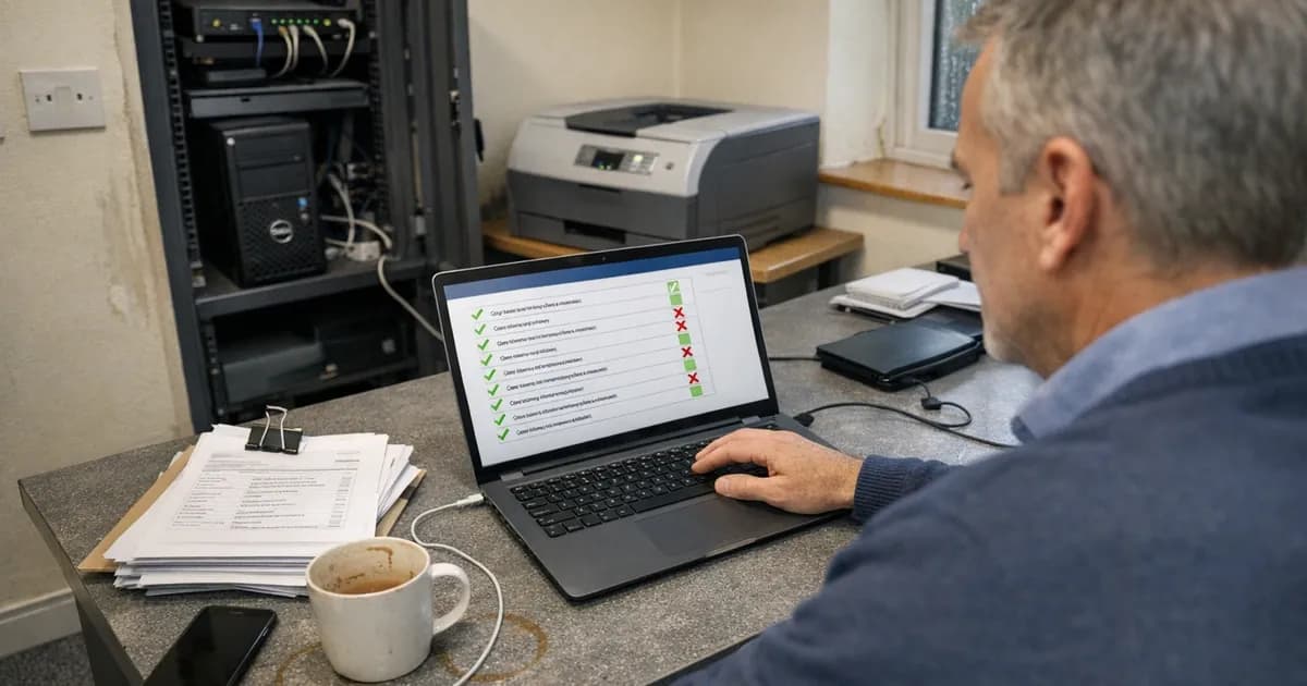UK business owner working through Cyber Essentials readiness checklist on laptop in small office with visible server cupboard and printer