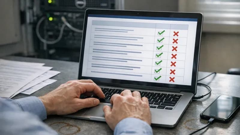 UK business owner working through Cyber Essentials readiness checklist on laptop in small office with visible server cupboard and printer