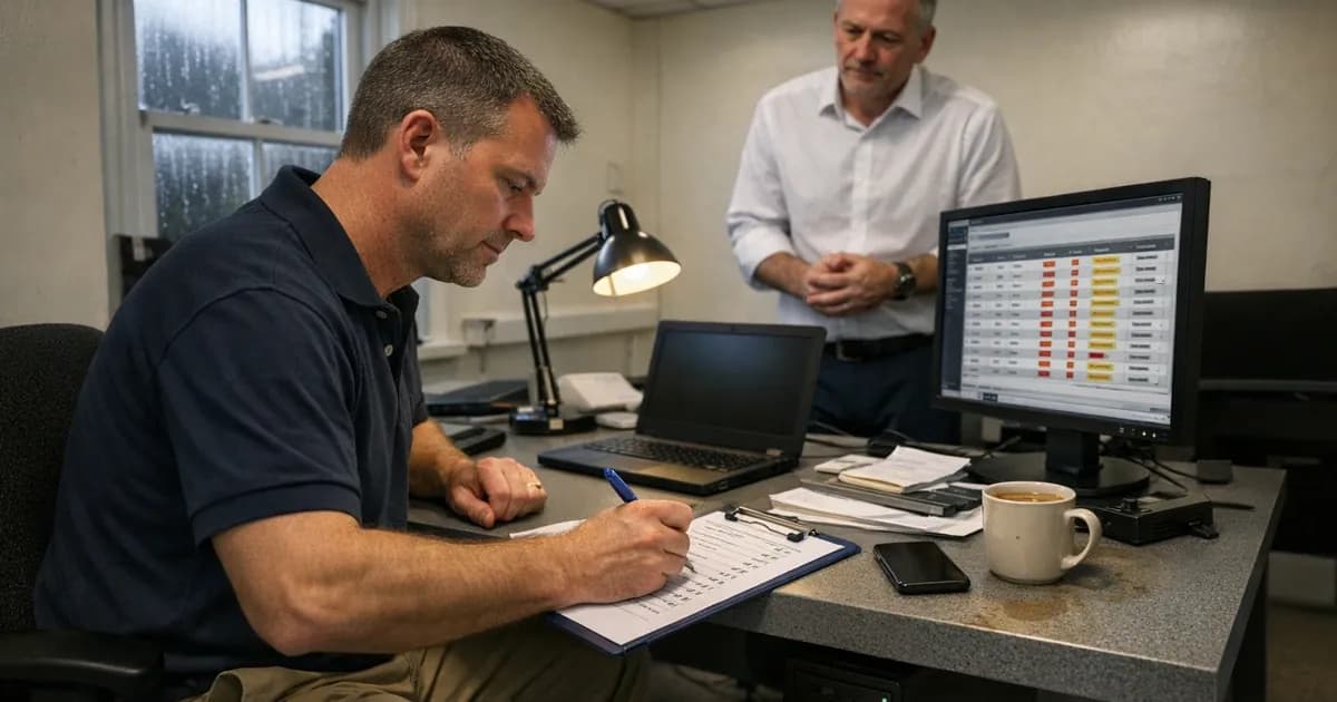 Cyber Essentials Plus assessor reviewing checklist at desk while business owner watches vulnerability scan results on monitor