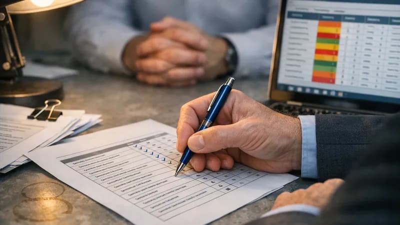 Cyber Essentials Plus assessor reviewing checklist at desk while business owner watches vulnerability scan results on monitor