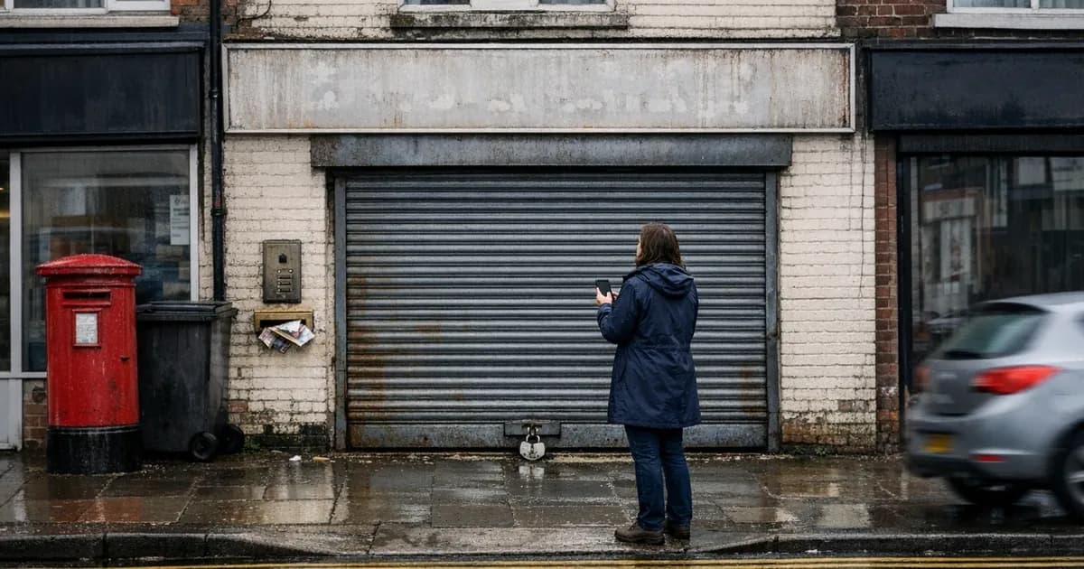 A person in a rain jacket standing on a wet UK high street pavement looking at their phone, in front of a shuttered and padlocked empty shop unit, with a red post box to one side and traffic passing.