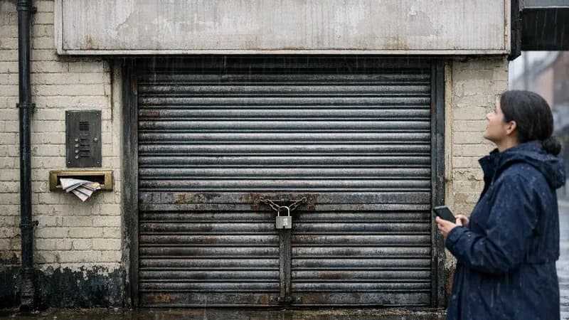 A person in a rain jacket standing on a wet UK high street pavement looking at their phone, in front of a shuttered and padlocked empty shop unit, with a red post box to one side and traffic passing.