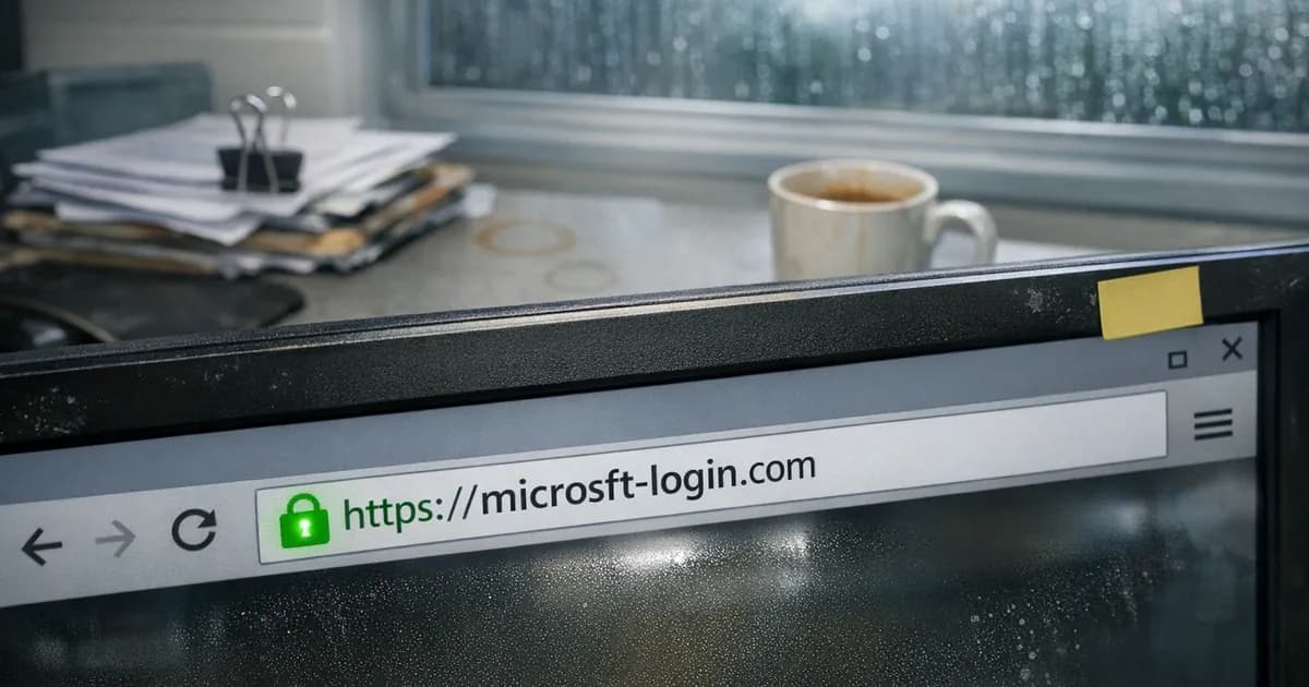 Browser address bar showing phishing domain with HTTPS padlock on office computer screen