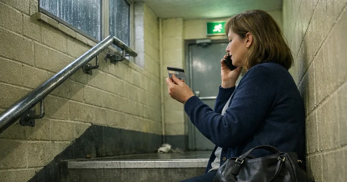 A woman sitting on a concrete stairwell step in a workplace, holding a bank card in one hand and a mobile phone to her ear in the other, reading the number off the card while she waits on the line.