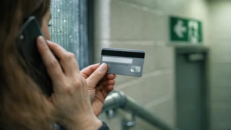 A woman sitting on a concrete stairwell step in a workplace, holding a bank card in one hand and a mobile phone to her ear in the other, reading the number off the card while she waits on the line.