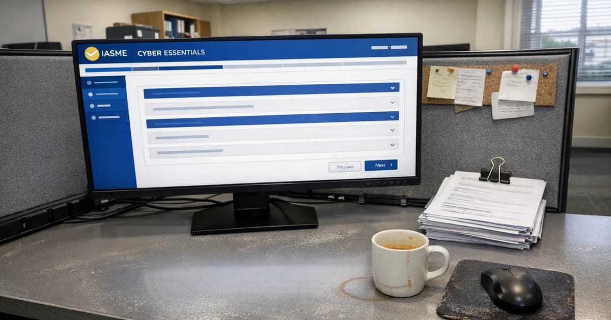 Computer monitor displaying IASME Cyber Essentials portal questionnaire interface on office desk with reference documents
