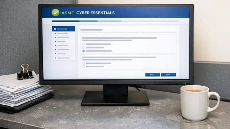 Computer monitor displaying IASME Cyber Essentials portal questionnaire interface on office desk with reference documents