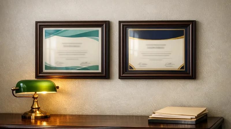 A side-by-side comparison view on a UK office desk: a Cyber Essentials Plus certificate next to an IASME Cyber Assurance Level 2 with Quality Principles certificate, both bearing IASME branding, with a notepad showing procurement requirement excerpts.