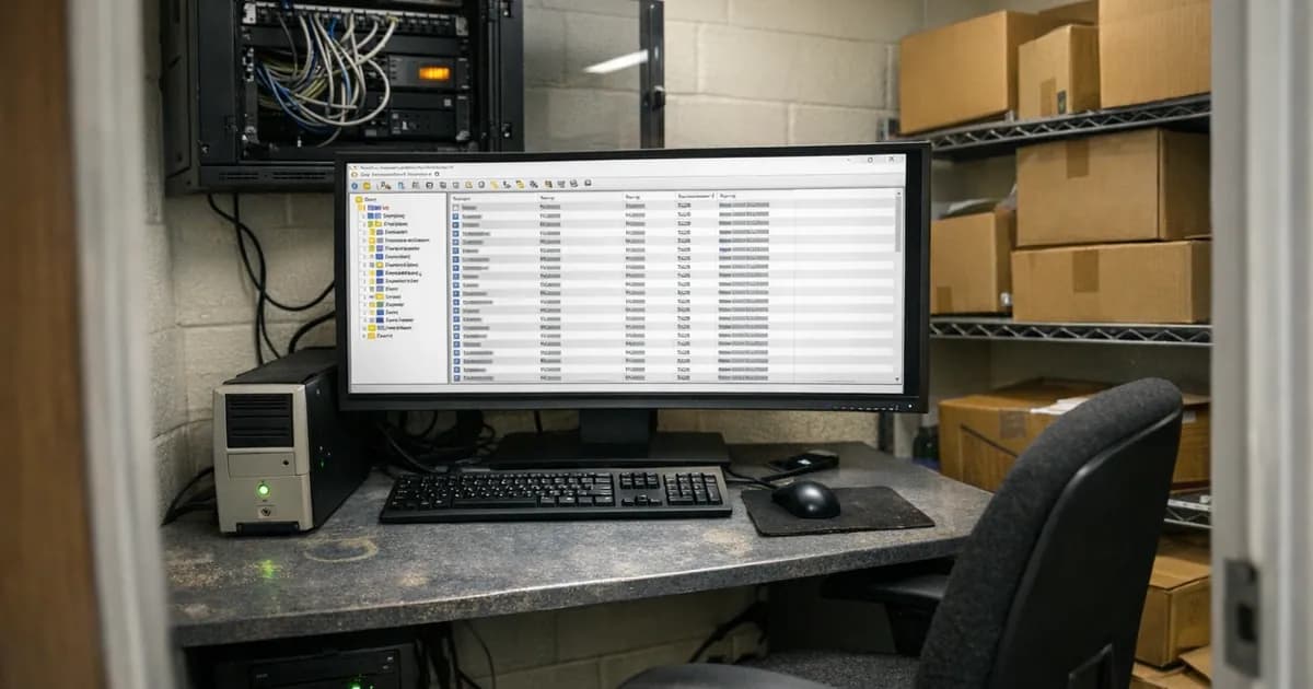IT office workstation showing Active Directory Users and Computers console on monitor screen with network rack in background
