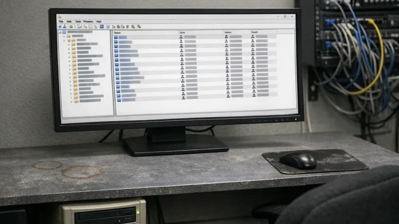 IT office workstation showing Active Directory Users and Computers console on monitor screen with network rack in background