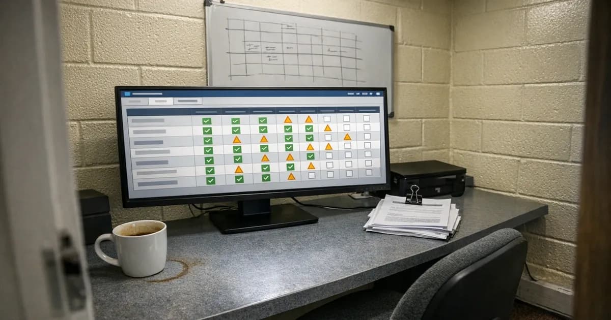 Computer monitor displaying cybersecurity compliance assessment interface with checkbox grid on office desk
