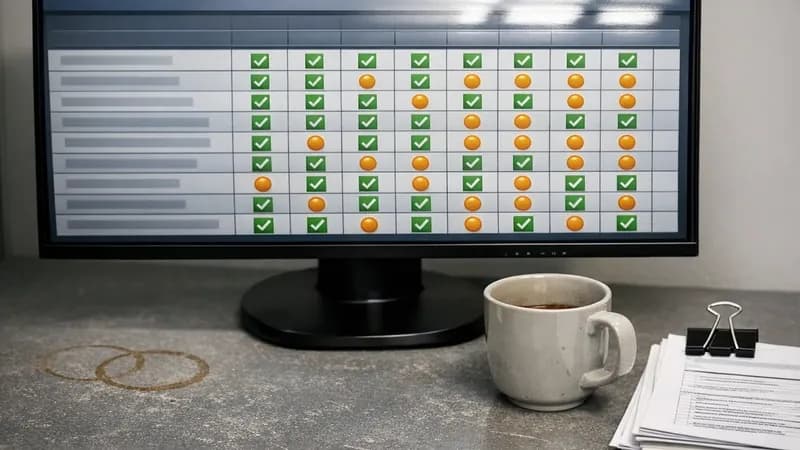 Computer monitor displaying cybersecurity compliance assessment interface with checkbox grid on office desk