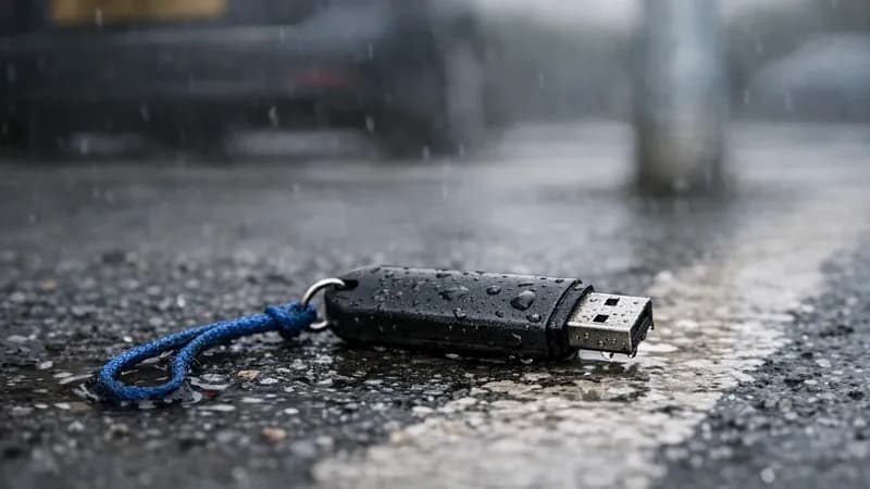 A plain unbranded USB memory stick lying on the tarmac of a car park beside a painted parking bay line, photographed from above in daylight.