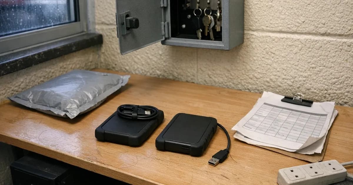 Two rugged portable hard drives on a back-office bench, one unplugged with its cable coiled beside it and one connected, next to a key safe on the wall and a clipboard of paperwork.