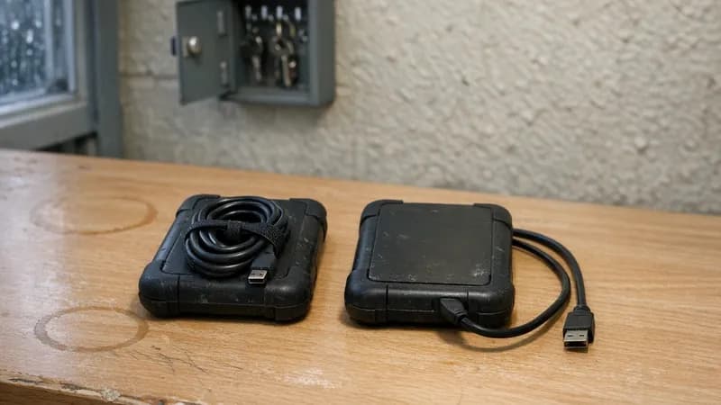 Two rugged portable hard drives on a back-office bench, one unplugged with its cable coiled beside it and one connected, next to a key safe on the wall and a clipboard of paperwork.