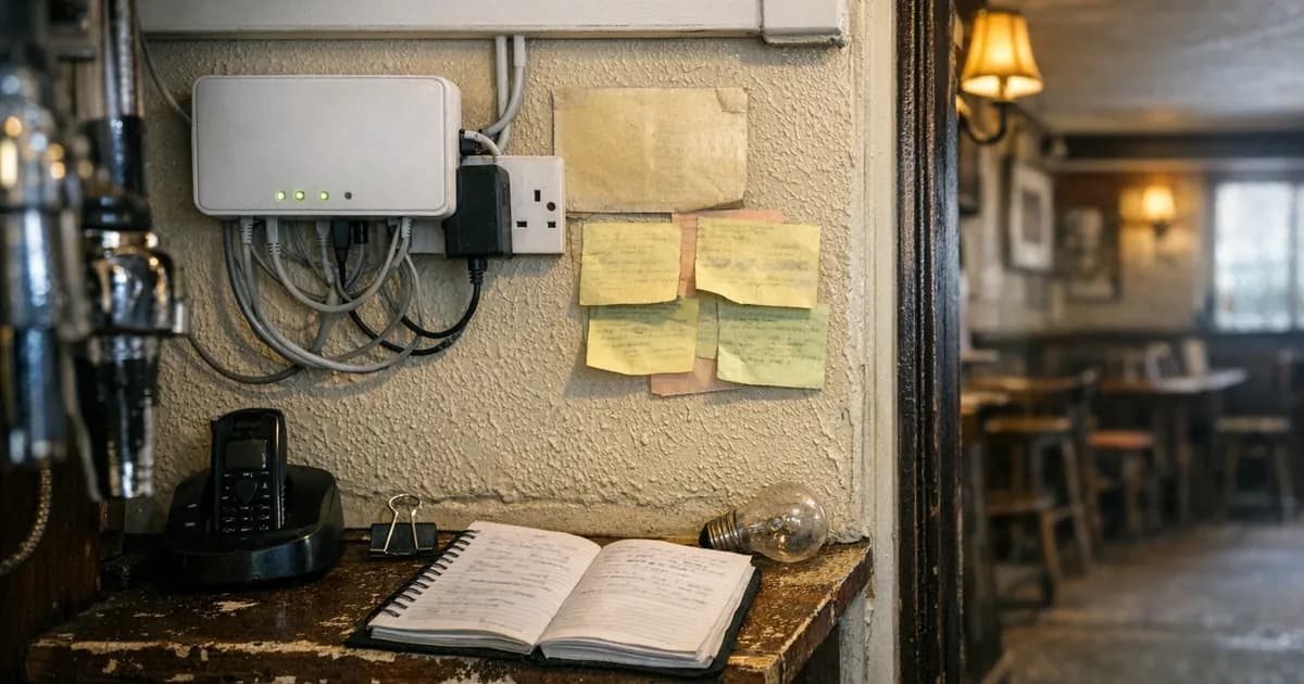A back-of-house corner in a pub or cafe showing a wall-mounted router with handwritten sticky notes pinned beside it, above a worn shelf holding a cordless phone and an open notebook.