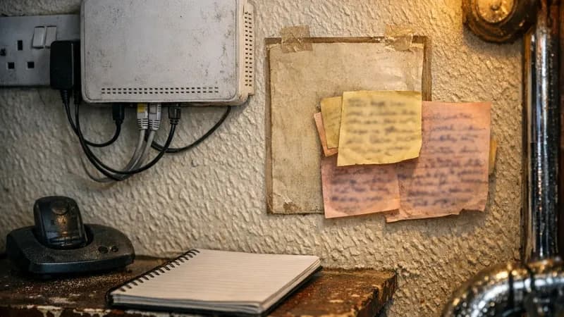 A back-of-house corner in a pub or cafe showing a wall-mounted router with handwritten sticky notes pinned beside it, above a worn shelf holding a cordless phone and an open notebook.
