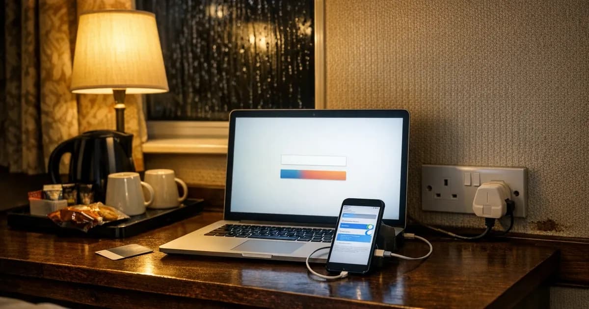 A laptop open on a hotel room desk showing a wifi sign-in page with a single entry box, beside a phone tethered by cable showing its network settings, a kettle and cups on a tray, and rain on the window behind.