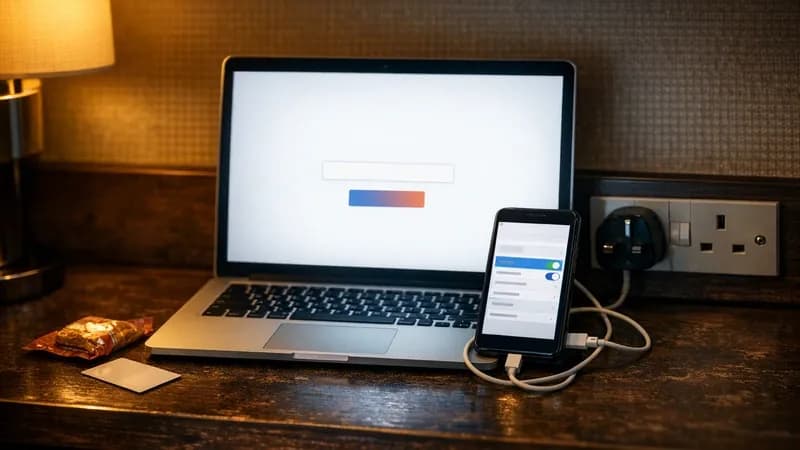 A laptop open on a hotel room desk showing a wifi sign-in page with a single entry box, beside a phone tethered by cable showing its network settings, a kettle and cups on a tray, and rain on the window behind.