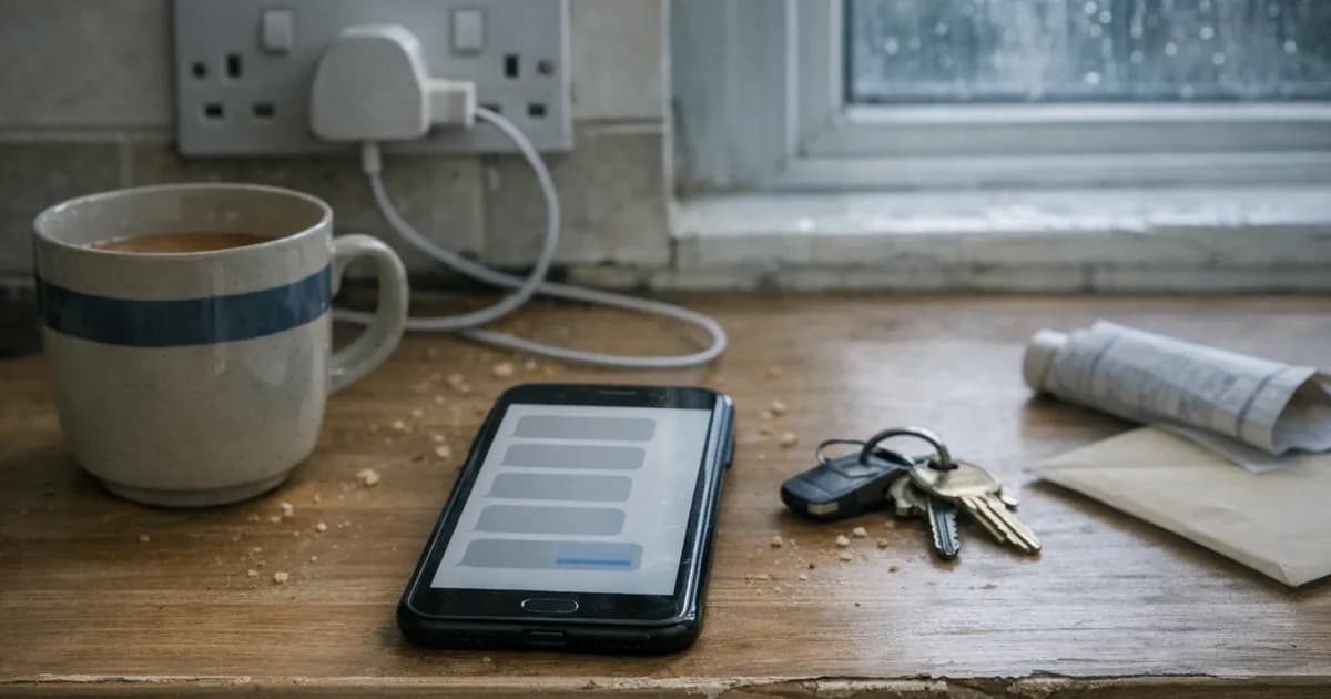 A phone lying face up on a worn kitchen windowsill showing a thread of message bubbles, beside a mug of tea, a set of car keys and a folded newspaper, with rain on the window behind.