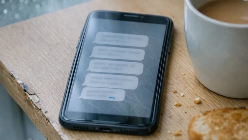 A phone lying face up on a worn kitchen windowsill showing a thread of message bubbles, beside a mug of tea, a set of car keys and a folded newspaper, with rain on the window behind.