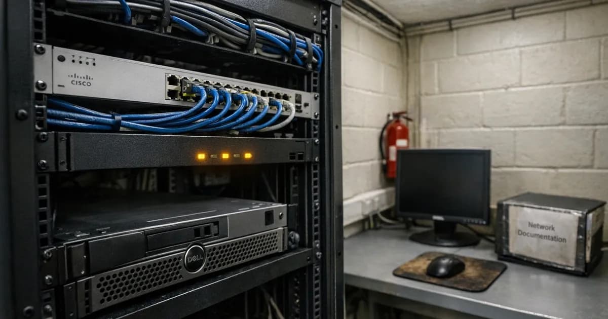 An Ivanti Connect Secure VPN appliance mounted in a network rack in a UK server room, with status LEDs illuminated and ethernet cables connected