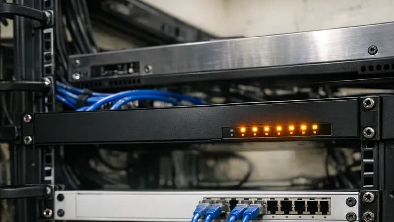 An Ivanti Connect Secure VPN appliance mounted in a network rack in a UK server room, with status LEDs illuminated and ethernet cables connected