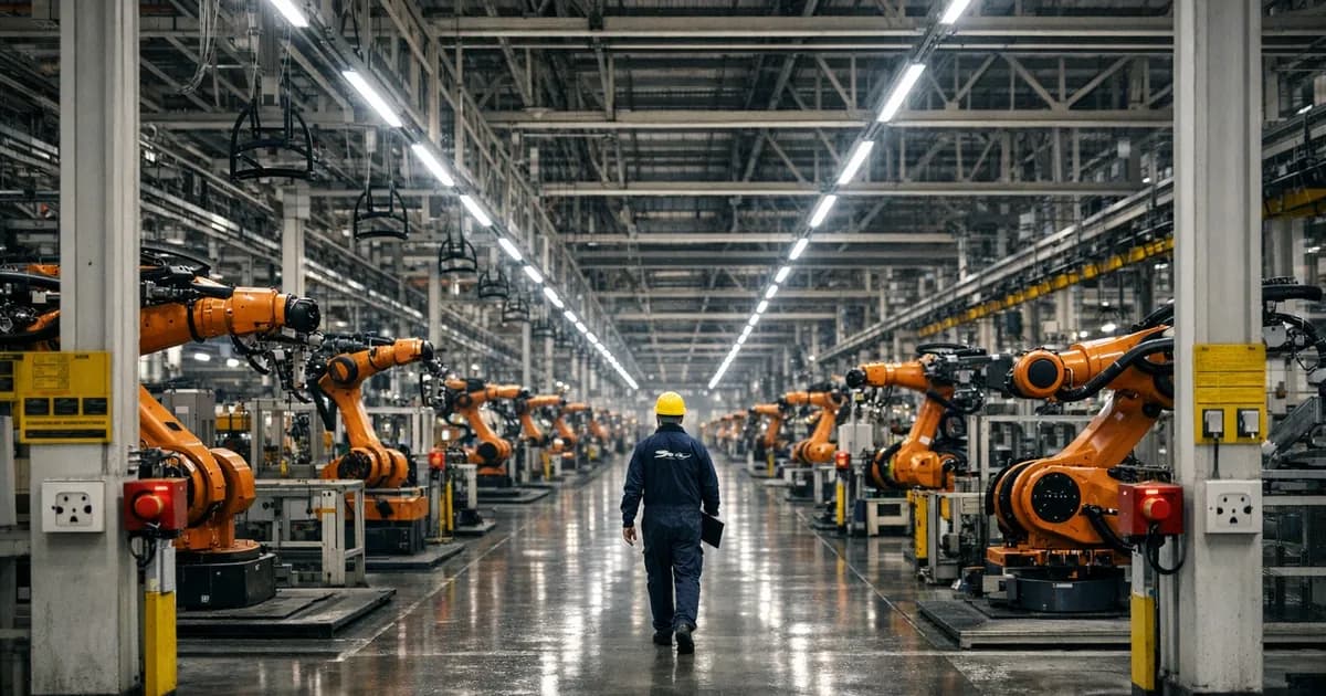 Silent Jaguar Land Rover production line with motionless orange robotic assembly arms around empty vehicle chassis mount, emergency stops engaged, single maintenance worker in distance