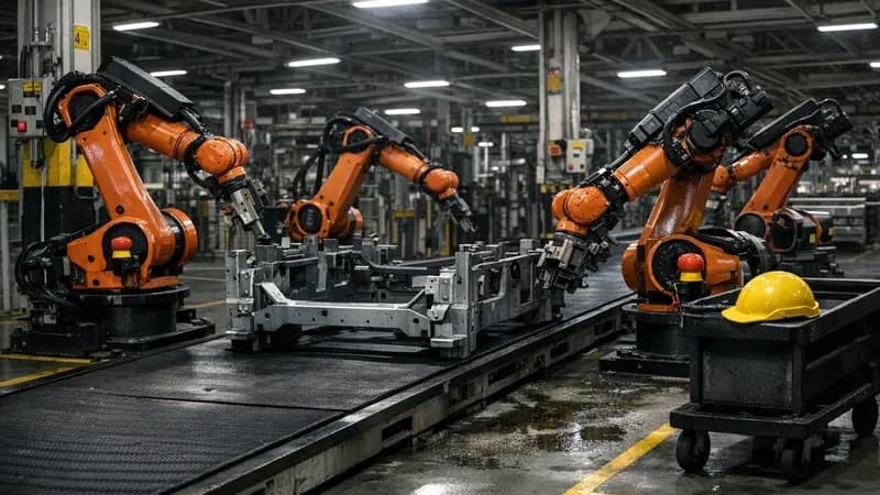 Silent Jaguar Land Rover production line with motionless orange robotic assembly arms around empty vehicle chassis mount, emergency stops engaged, single maintenance worker in distance