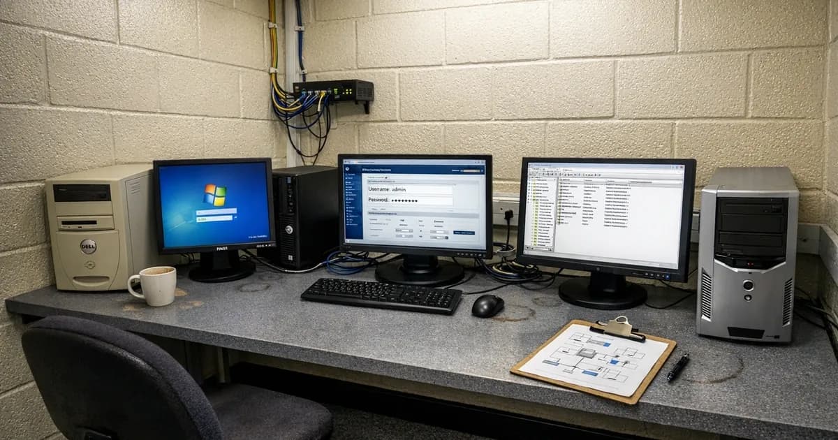 Computer lab showing three desktop PCs with monitors displaying login screens and network configuration interfaces for penetration testing demonstrations