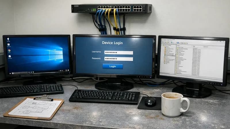 Computer lab showing three desktop PCs with monitors displaying login screens and network configuration interfaces for penetration testing demonstrations